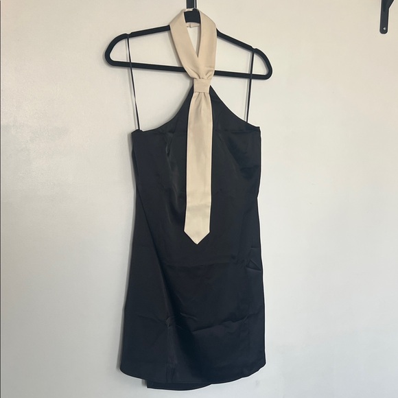 Anthropologie Black and Cream Mini Halter Tie Dress - Picture 2 of 11